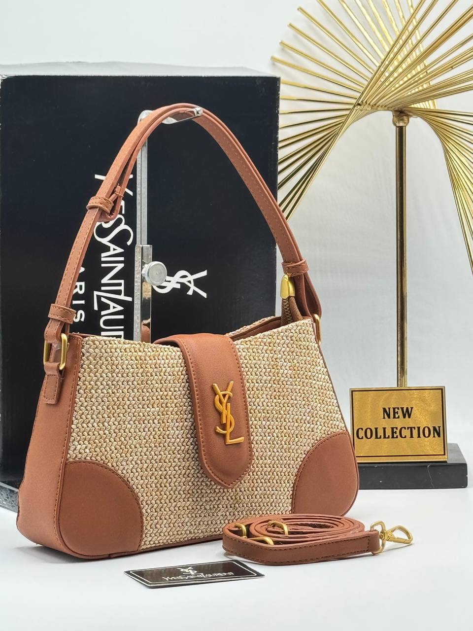 YSL Saint Laurent Straw Shoulder Bag – Καφέ