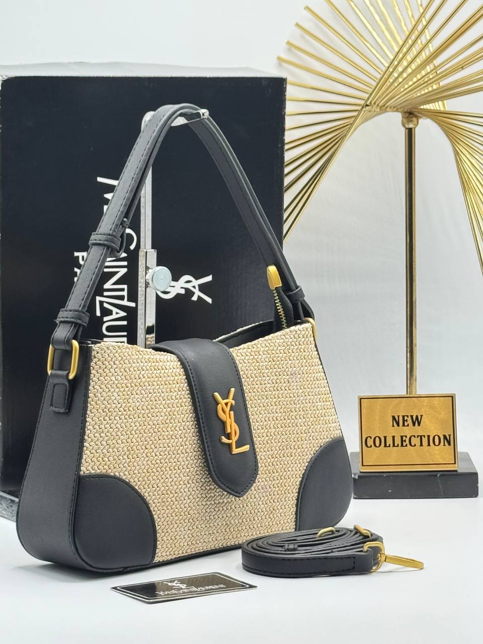 YSL Saint Laurent Straw Shoulder Bag – Μαύρο
