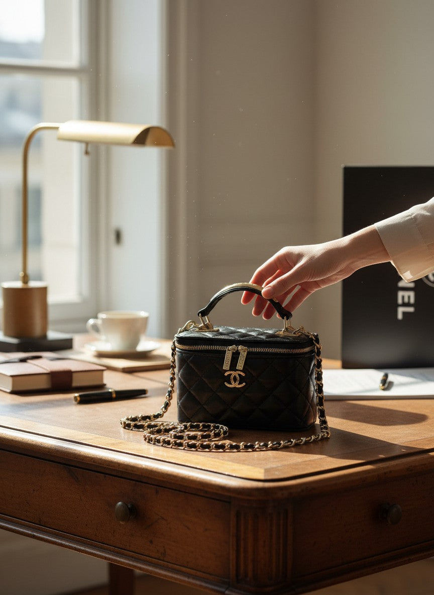 Chanel black quilted synthetic leather vanity crossbody bag with gold chain strap and CC logo, featuring a built-in mirror.
