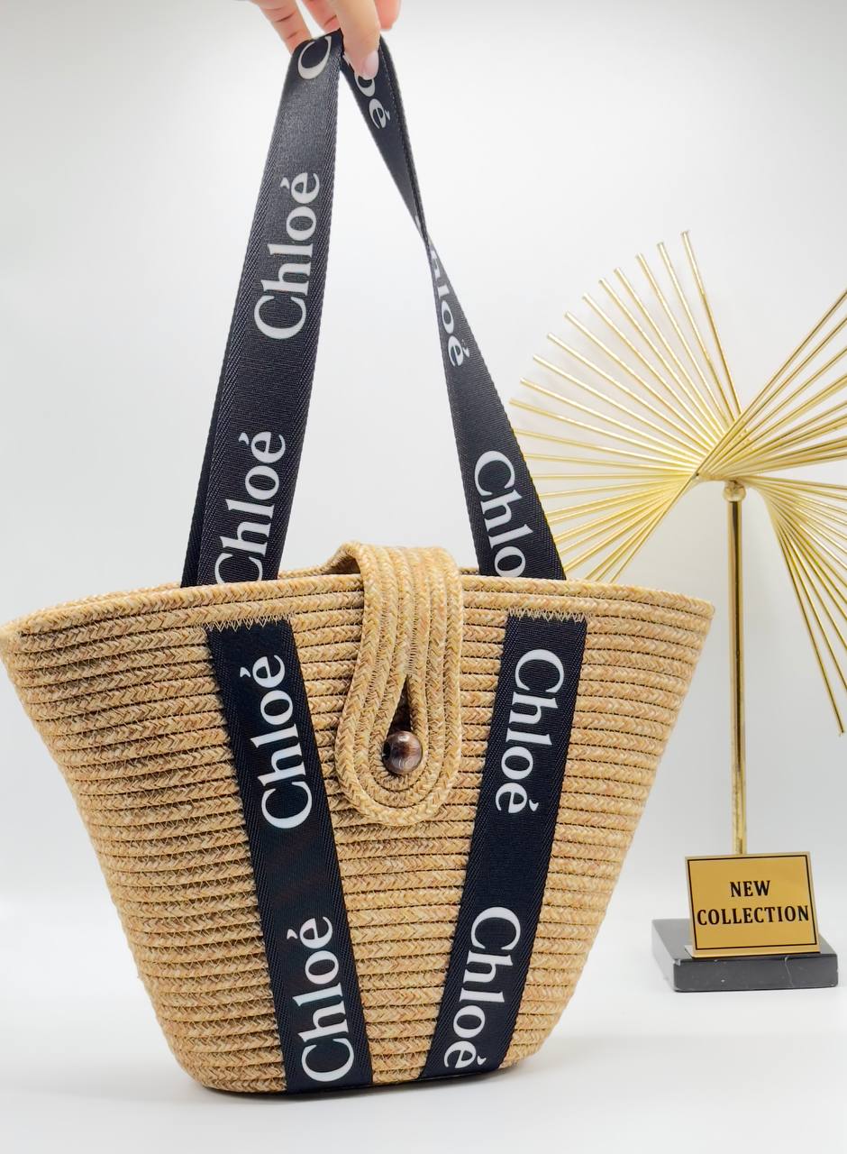 Chloé Summer Beach Ψάθινη Καλοκαιρινη Tote Bag με μαύρο λουρί